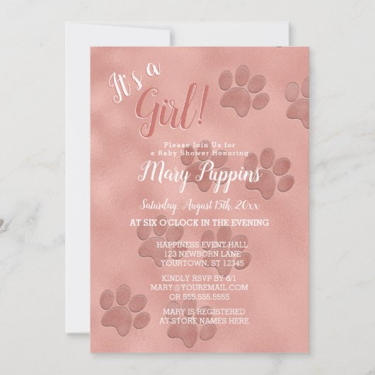 Baby shower Het is een Meisje Roos Gold Paw Prints Kaart (Voorkant)