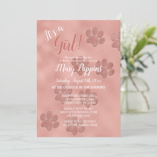 Baby shower Het is een Meisje Roos Gold Paw Prints Kaart (Staand voorkant)