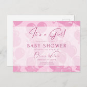 baby shower, het is een meisje, roze briefkaart (Voorkant / Achterkant)