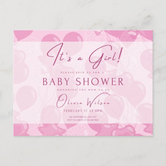 baby shower, het is een meisje, roze briefkaart (Voorkant)