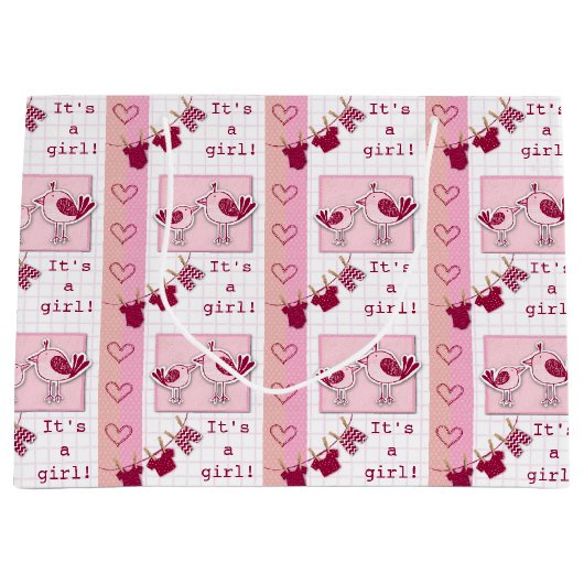 Baby shower Het is een meisje roze vogels Groot Cadeauzakje (Voorkant)