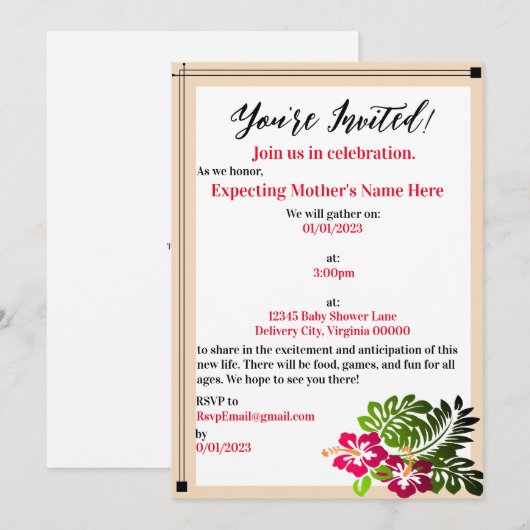 Baby shower Hibiscus Bloemen Uitnodiging (Voorkant / Achterkant)