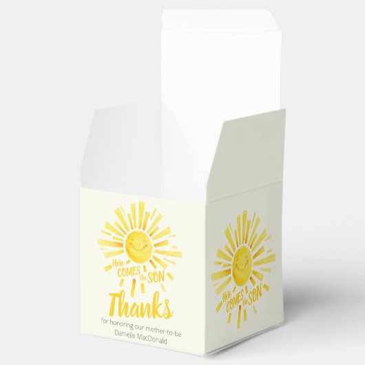 Baby shower hier komt de zon geel dank u bedankdoosjes (Geopend)