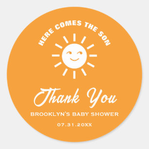 Baby shower hier komt de zoon zon Sinaasappel wit Ronde Sticker
