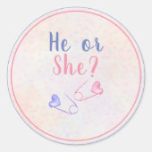 Baby shower Hij of zij roze blauw geslacht onthull Ronde Sticker (Voorkant)
