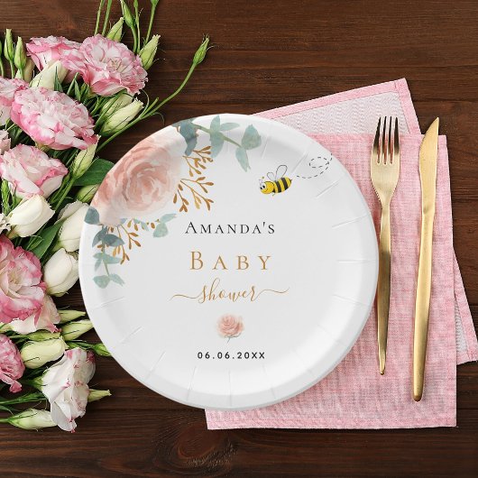 Baby shower hommel roze roze griesmeisje met roze  papieren bordje