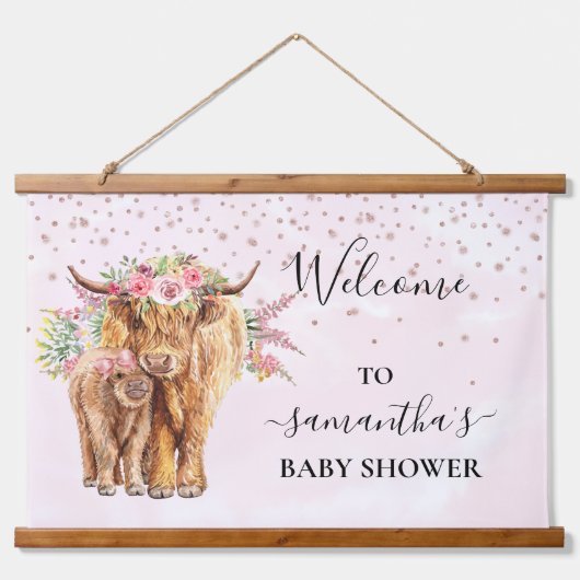 Baby shower Hoogland Koe Roze kalf Sign Welkom Hangend Wandkleed (Voorkant)