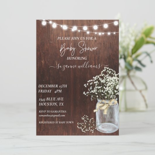 Baby Shower Hout Roestige Baby's Breath Kaart (Staand voorkant)