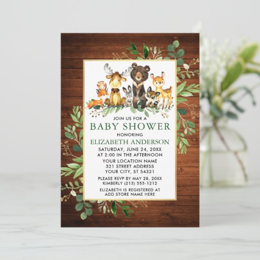 Baby shower houtlanddieren Houtgroen Kaart (Staand voorkant)