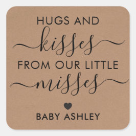 Baby shower Hugs en Kisses Label, Baby Girl, Kraft Vierkante Sticker