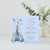 Baby shower Indische tipi veren bloemen blauw Kaart (Staand voorkant)