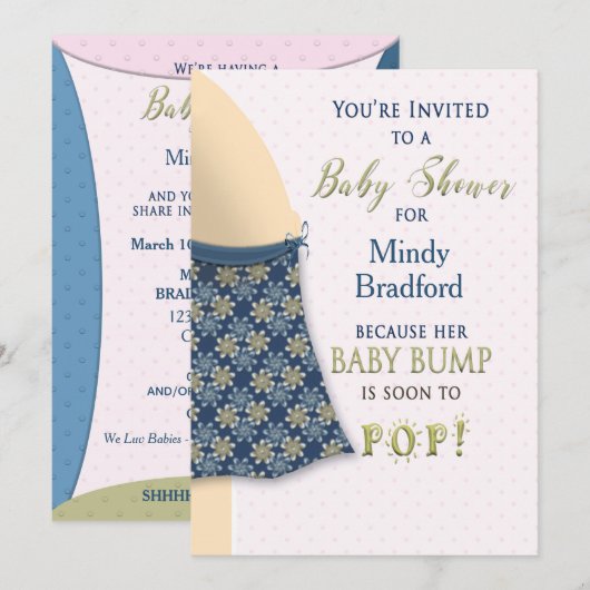 BABY SHOWER-INVITATIE - BABY-BUMP - FUN-HUMOR KAART (Voorkant / Achterkant)