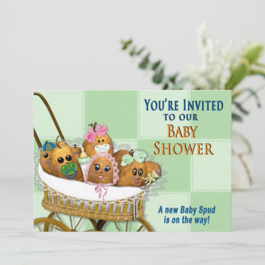 BABY SHOWER-INVITATIE - COLLECTIE VAN DE POTATOFAM KAART (Staand voorkant)