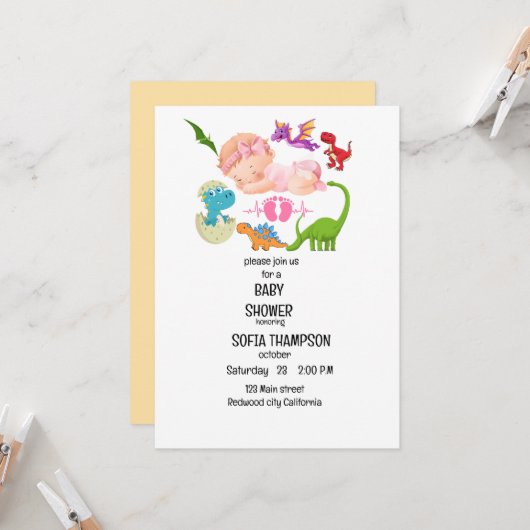 BABY SHOWER INVITATIE Dinosaur thema Kaart (Voorkant / Achterkant in situ)