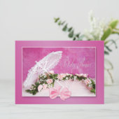 BABY SHOWER-INVITATIE - PINK/PARASOL/ROZEN KAART (Staand voorkant)