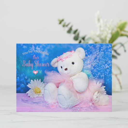 Baby shower Invitation, Ballerina Teddy Beer Kaart (Staand voorkant)