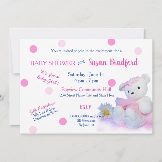 Baby shower Invitation, Ballerina Teddy Beer Kaart (Achterkant)