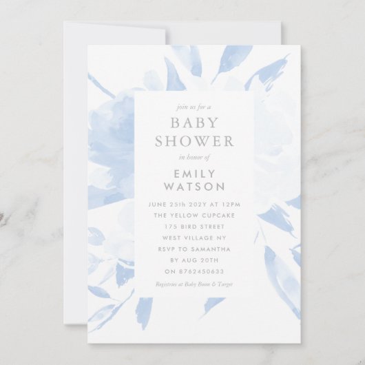 Baby shower Invitation Blue Floral Waterverf Kaart (Voorkant)