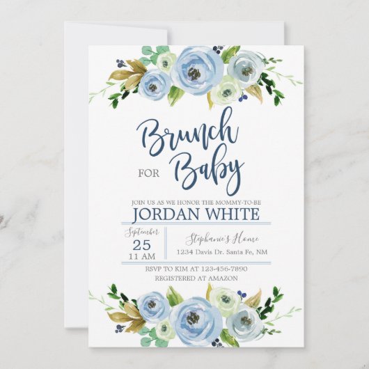 Baby shower invitation boy, blue floral invite kaart (Voorkant)