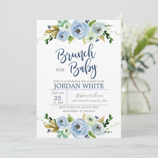 Baby shower invitation boy, blue floral invite kaart (Staand voorkant)