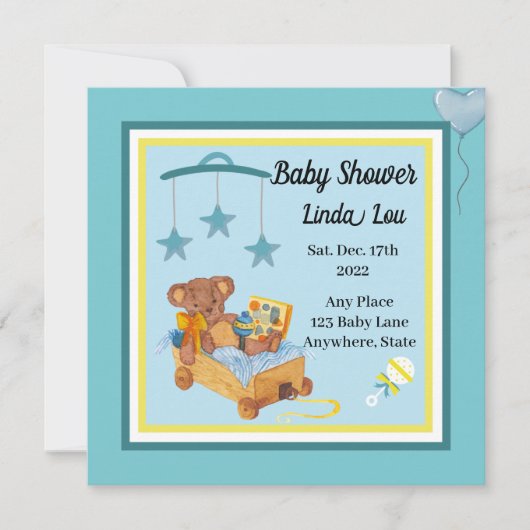 Baby shower Invitation Boy Teddy Bear Blue Kaart (Voorkant)