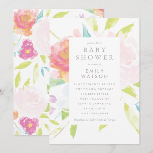 Baby shower Invitation Bright Floral Waterverf Kaart (Voorkant / Achterkant)