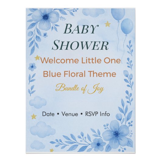 Baby Shower Invitation Bundle of Joy Blue Floral Perfect Poster (Voorkant)