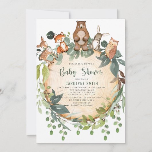 Baby shower Invitation Cute Woodland Animals Rusti Kaart (Voorkant)