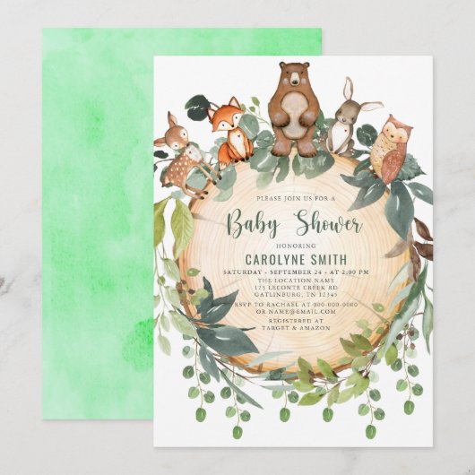 Baby shower Invitation Cute Woodland Animals Rusti Kaart (Voorkant / Achterkant)