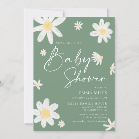 Baby shower Invitation Daisy Sage Green Kaart (Voorkant)