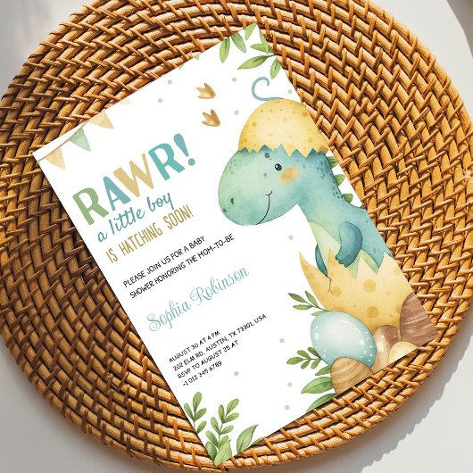 Baby shower invitation featuring a dinosaur  kaart