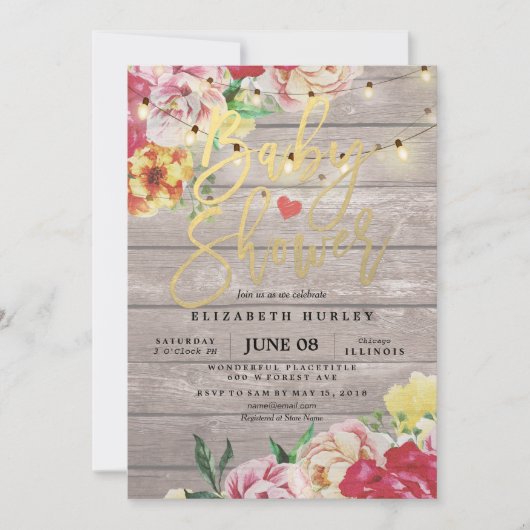 Baby shower Invitation Floral Wood & String Lights Kaart (Voorkant)