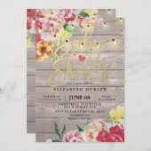 Baby shower Invitation Floral Wood & String Lights Kaart (Voorkant / Achterkant)