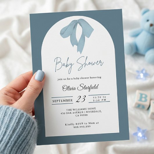 Baby Shower Invitation for Boy – Blue Bow, Modern Kaart