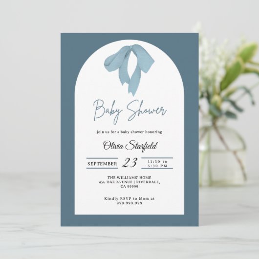 Baby Shower Invitation for Boy – Blue Bow, Modern Kaart (Staand voorkant)