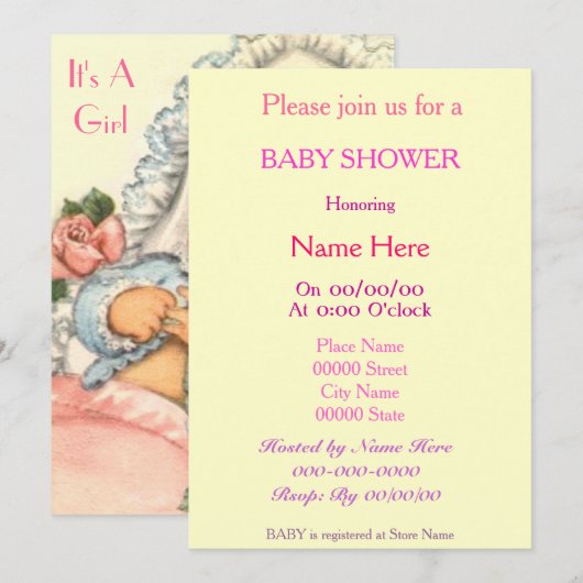 BABY SHOWER Invitation girl Kaart (Voorkant / Achterkant)