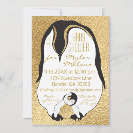 Baby shower Invitation Gold Baby & Mama Penguin Kaart