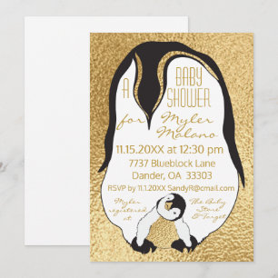 Baby shower Invitation Gold Baby & Mama Penguin Kaart