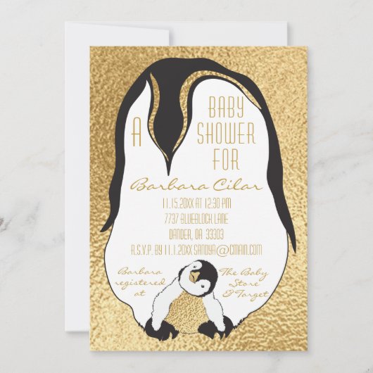 Baby shower Invitation Gold Baby & Mama Penguin Kaart (Voorkant)