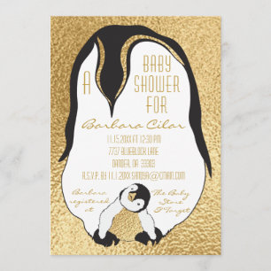 Baby shower Invitation Gold Baby & Mama Penguin Kaart