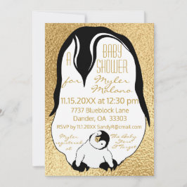 Baby shower Invitation Gold Baby & Mama Pinguïns Kaart