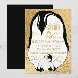 Baby shower Invitation Gold Baby & Mama Pinguïns Kaart