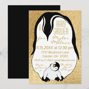 Baby shower Invitation Gold Baby & Mama Pinguïns Kaart