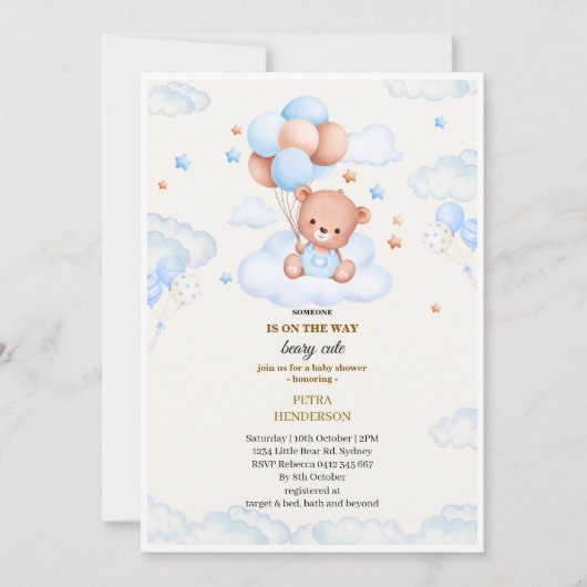 Baby shower invitation in the shape of a blue kaart (Voorkant)