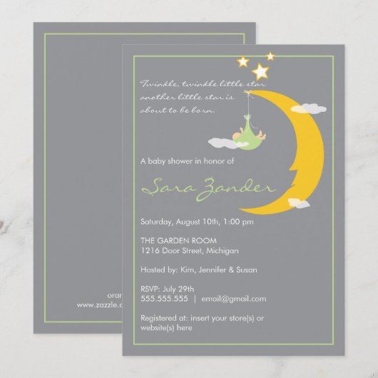Baby shower Invitation Moon and Stars Kaart (Voorkant / Achterkant)