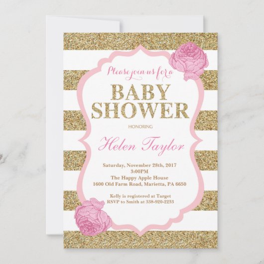 baby shower Invitation Pink and Gold Glitte Floral Kaart (Voorkant)
