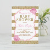 baby shower Invitation Pink and Gold Glitte Floral Kaart (Staand voorkant)