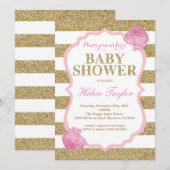 baby shower Invitation Pink and Gold Glitte Floral Kaart (Voorkant / Achterkant)
