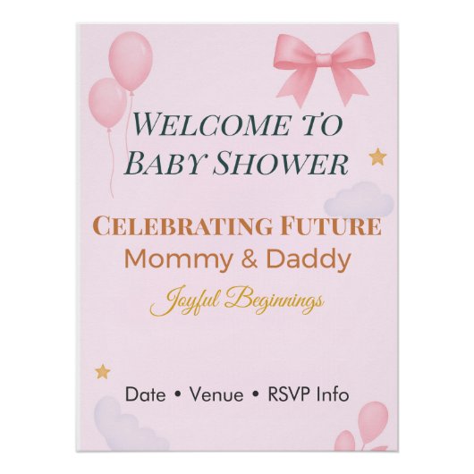 Baby Shower Invitation Pink Bow Joyful Beginnings  Perfect Poster (Voorkant)