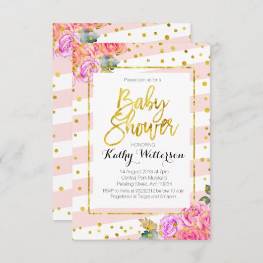 Baby shower Invitation Pink Peach Gold Kaart (Voorkant / Achterkant)